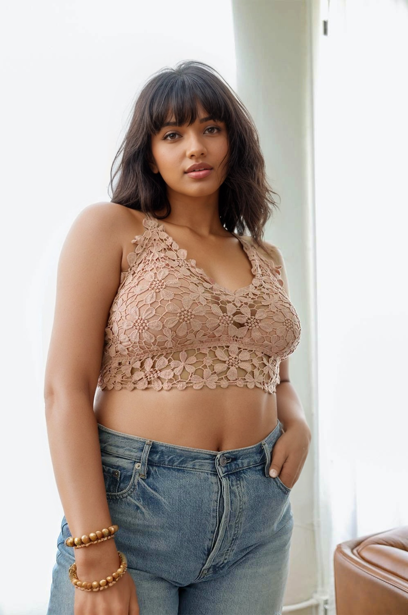 Leto Collection crochet daisy longline bralette in plus size, featuring delicate floral design and soft, breathable fabric.