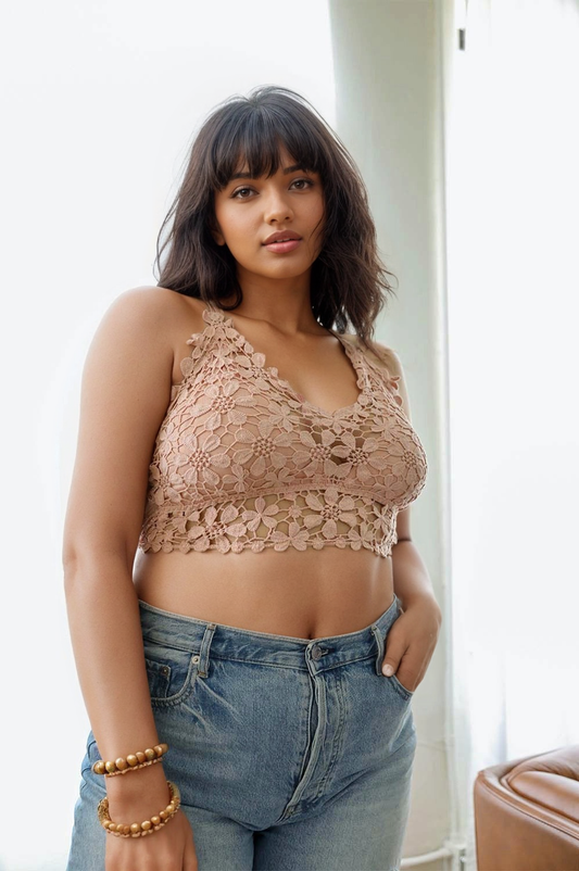Leto Collection crochet daisy longline bralette in plus size, featuring delicate floral design and soft, breathable fabric.