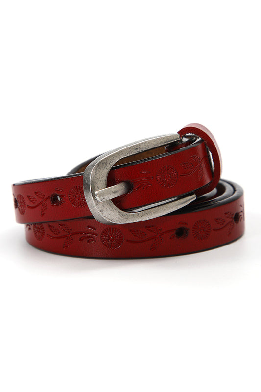 Floral Embossed Skinny Leather Belt 🌹 Boho Clothing and Accessories