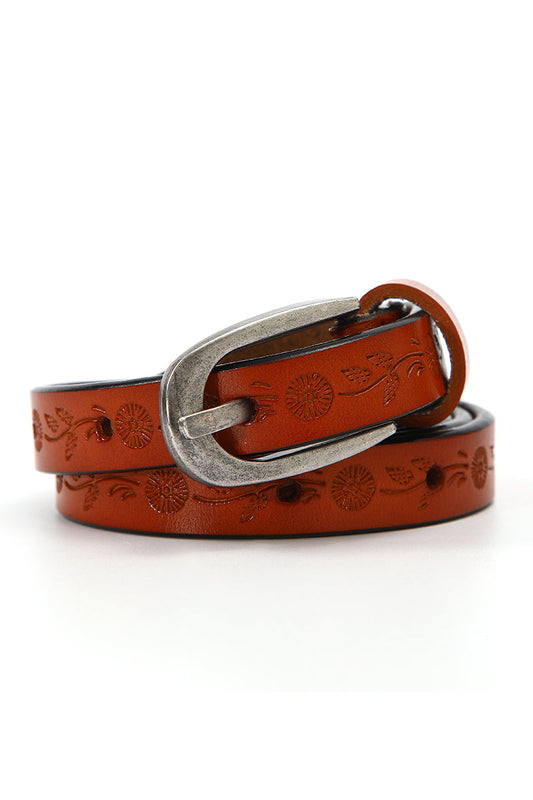 Floral Embossed Skinny Leather Belt 🌹 Boho Clothing and Accessories