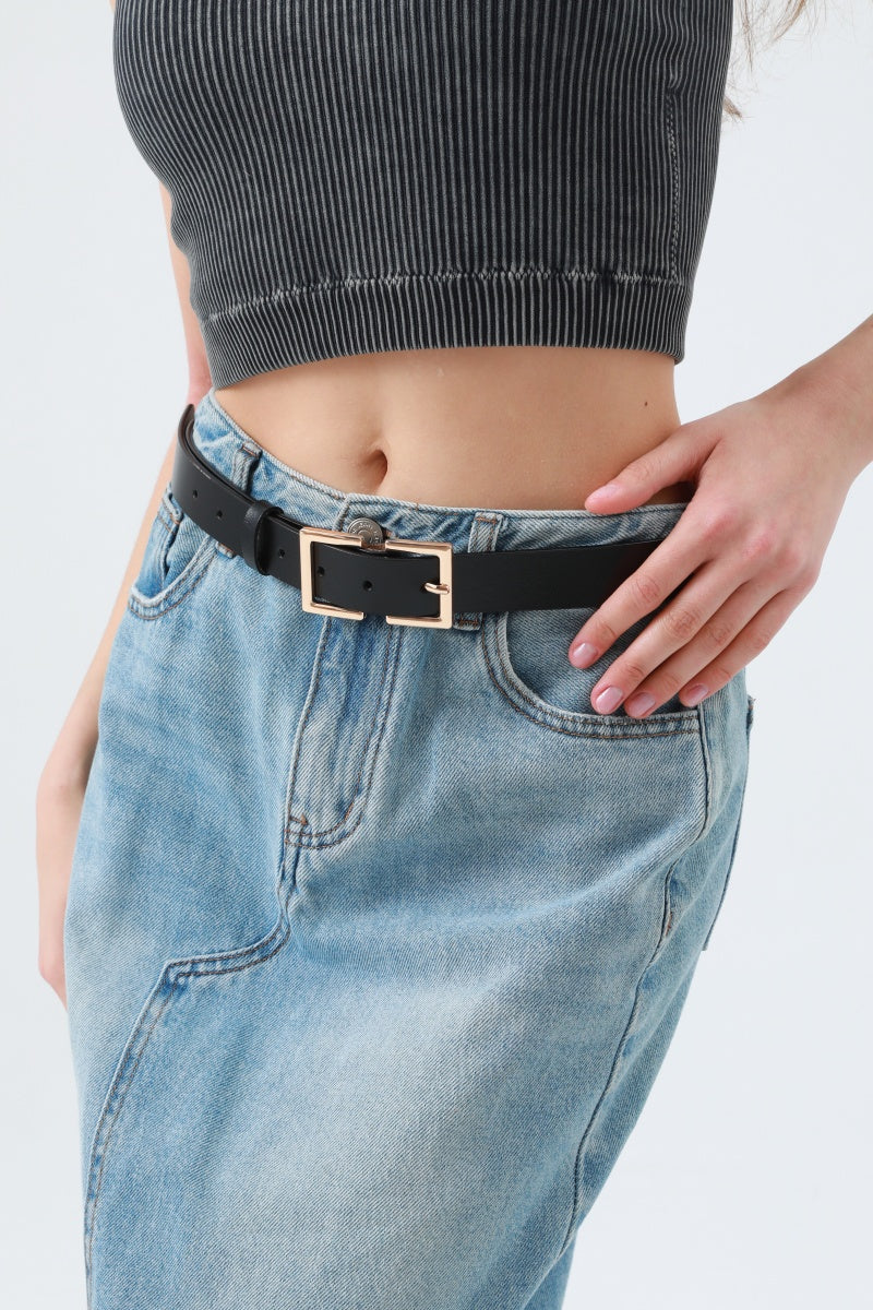 Sleek Geometric Square Buckle Leather Belt Leto Collection