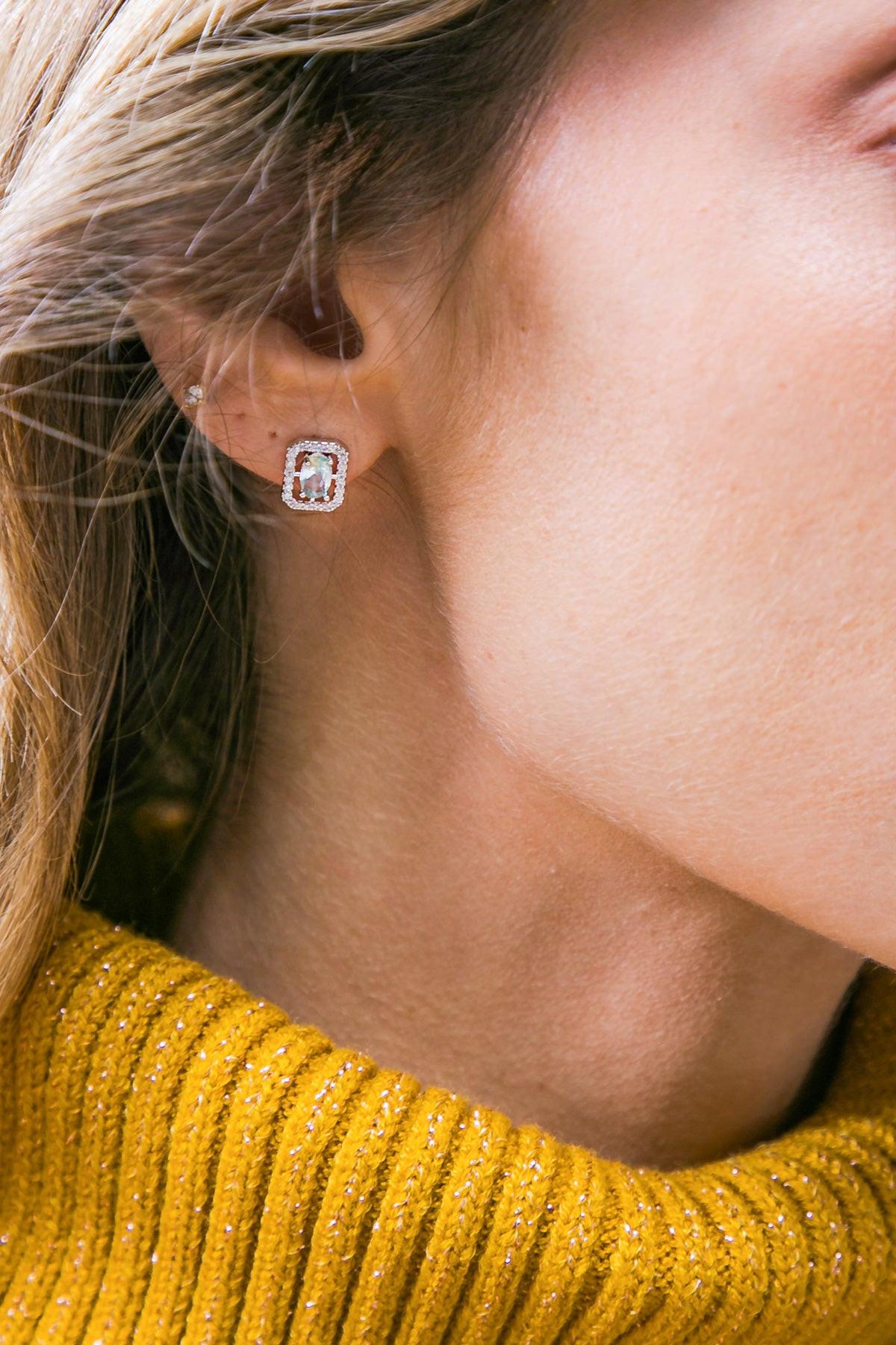 Halo Zirconia Baguette and Round Earrings with Pink Emerald Cut Center Stones — Soul Flow Apparel
