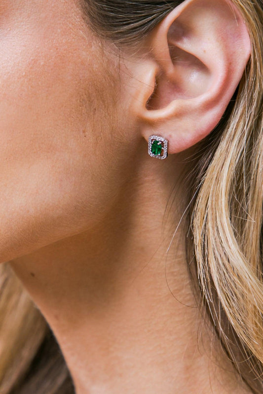 Halo Zirconia Baguette and Round Earrings with Pink Emerald Cut Center Stones — Soul Flow Apparel
