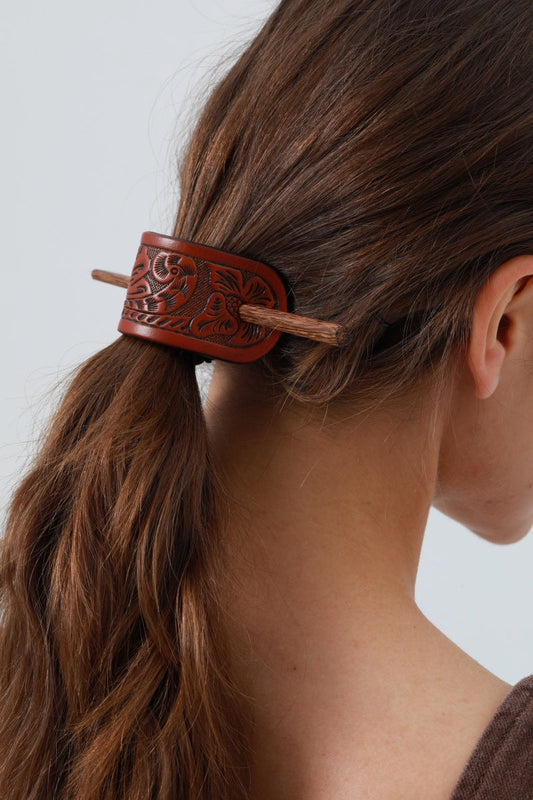 Western Tooled Leather Hair Stick – Cowgirl Styling Accent 🌵🐴 Leto Collection