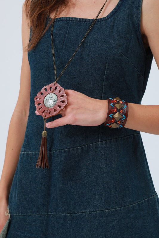 Tribal Circle Pendant Necklace – Leather & Turquoise ☀️ Leto Collection