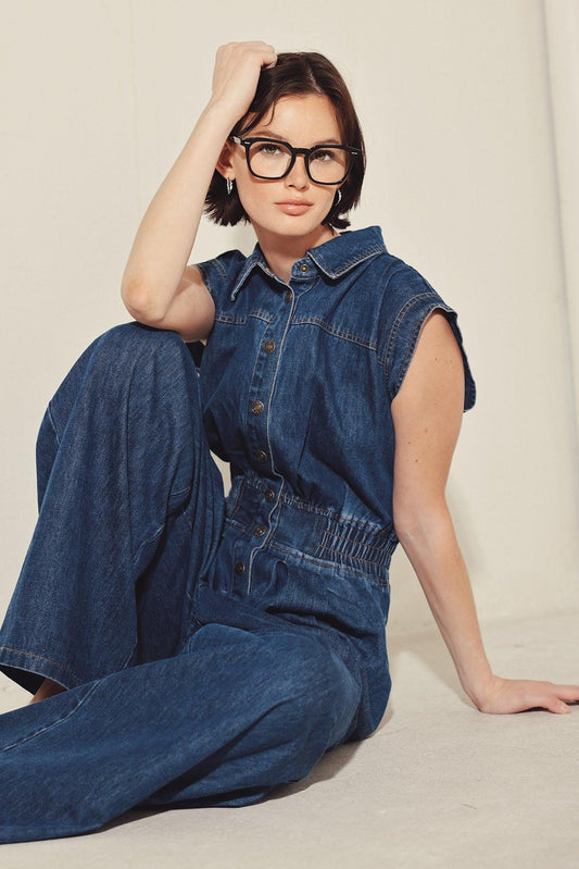 Power Play Denim Jumpsuit in medium indigo, view 3 — Soul Flow Apparel