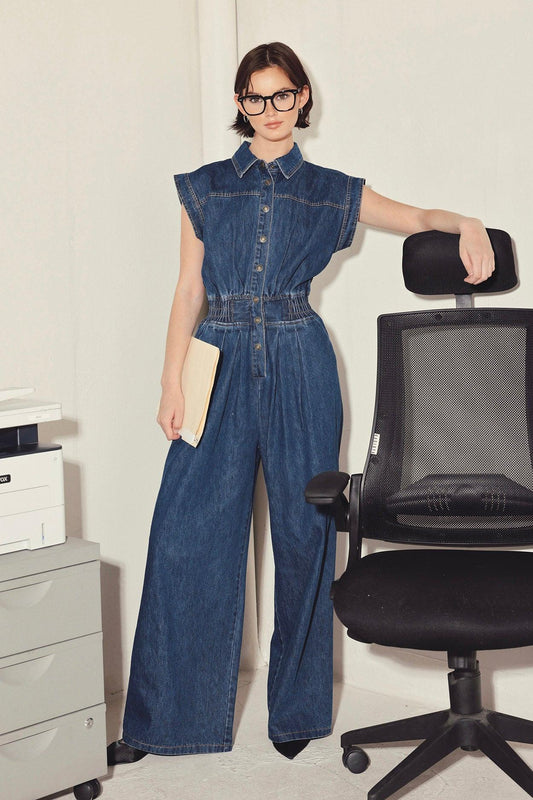 Power Play Denim Jumpsuit in medium indigo, view 2 — Soul Flow Apparel