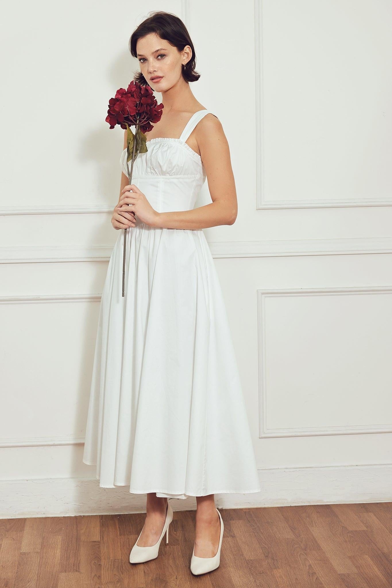 Sweetheart Serenade Woven Midi Dress in white, view 7 — Soul Flow Apparel