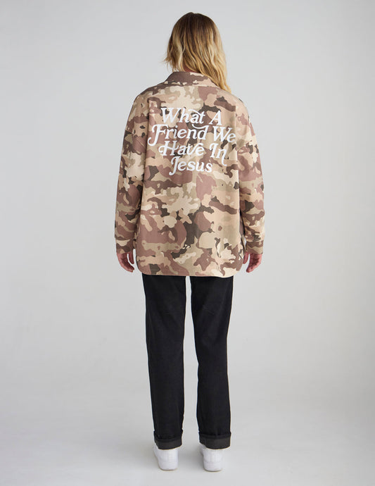 What a Friend in Jesus Camo Shacket – Christian Jacket