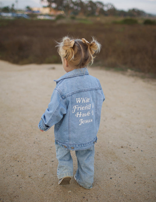 What a Friend in Jesus Kids Denim Jacket – Christian Kids Jacket