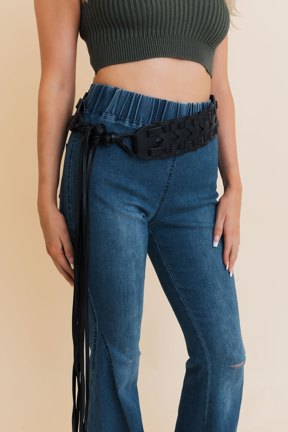 Wide Woven Leather Waist Tie Up Belt Leto Collection
