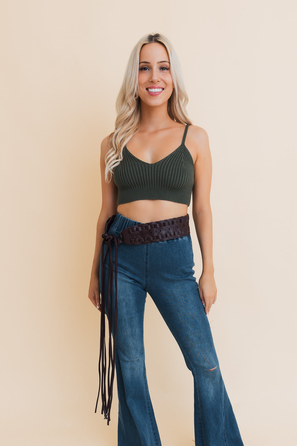 Wide Woven Leather Waist Tie Up Belt Leto Collection