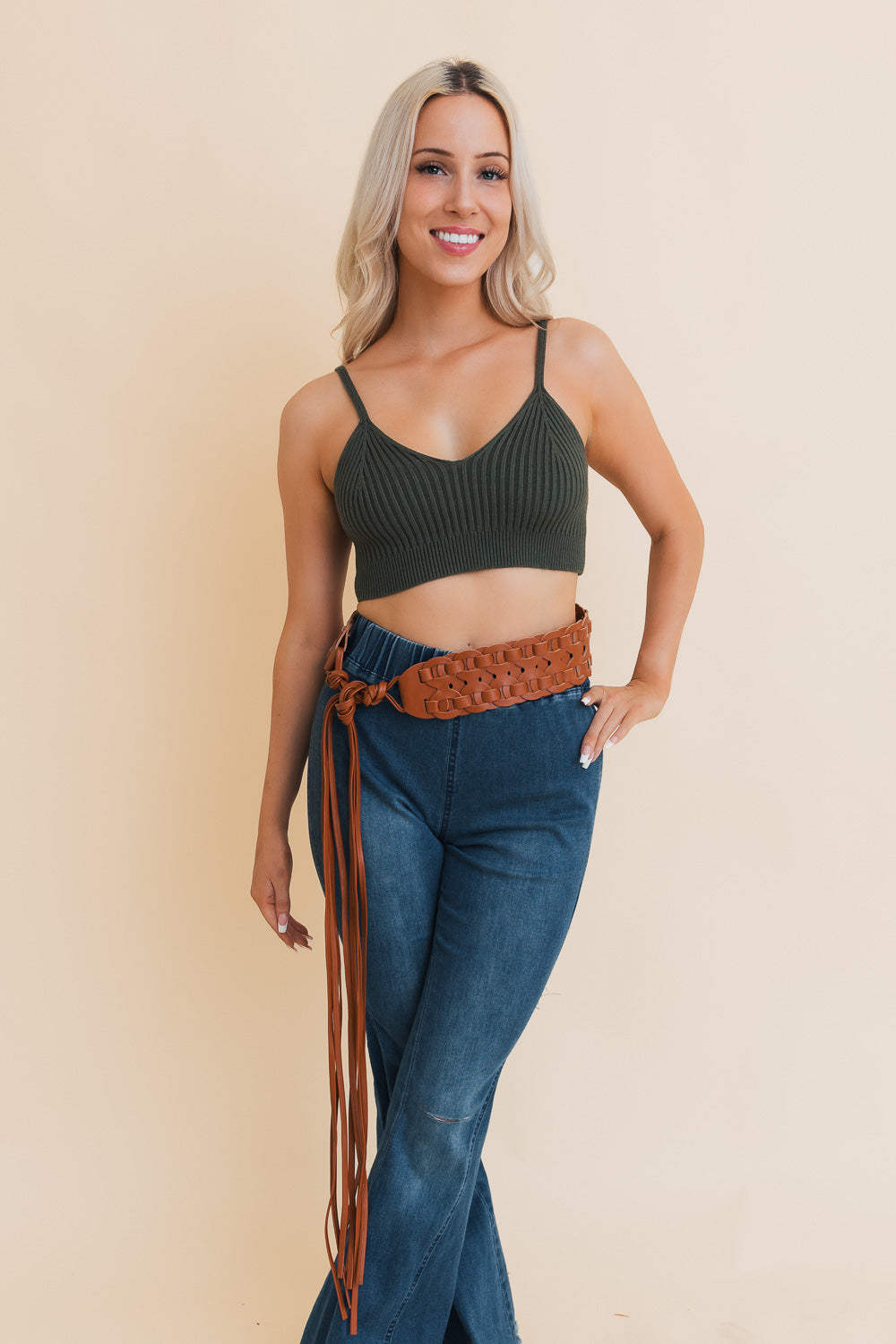 Wide Woven Leather Waist Tie Up Belt Leto Collection
