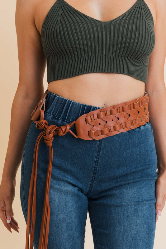 Wide Woven Leather Waist Tie Up Belt Leto Collection