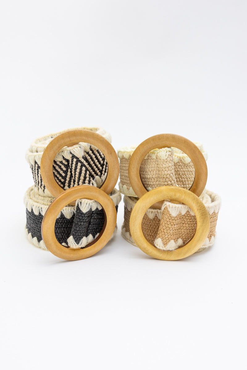 Whipstitch Raffia Belt with Wooden Round Buckle Leto Collection