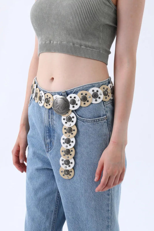 Rustic Dual-Tone Western Belt – Distressed Disc Buckle🤠✨ Leto Collection