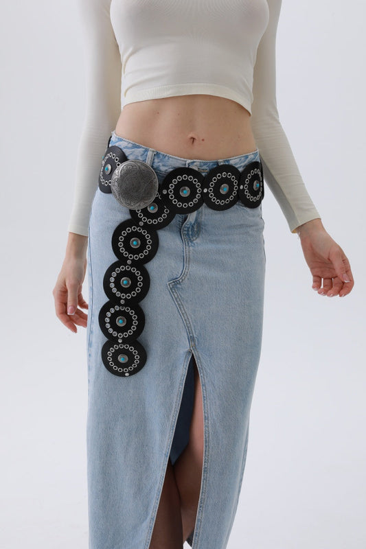 Turquoise Disc Western Belt – Handcrafted Desert Stone Detail💎 Leto Collection