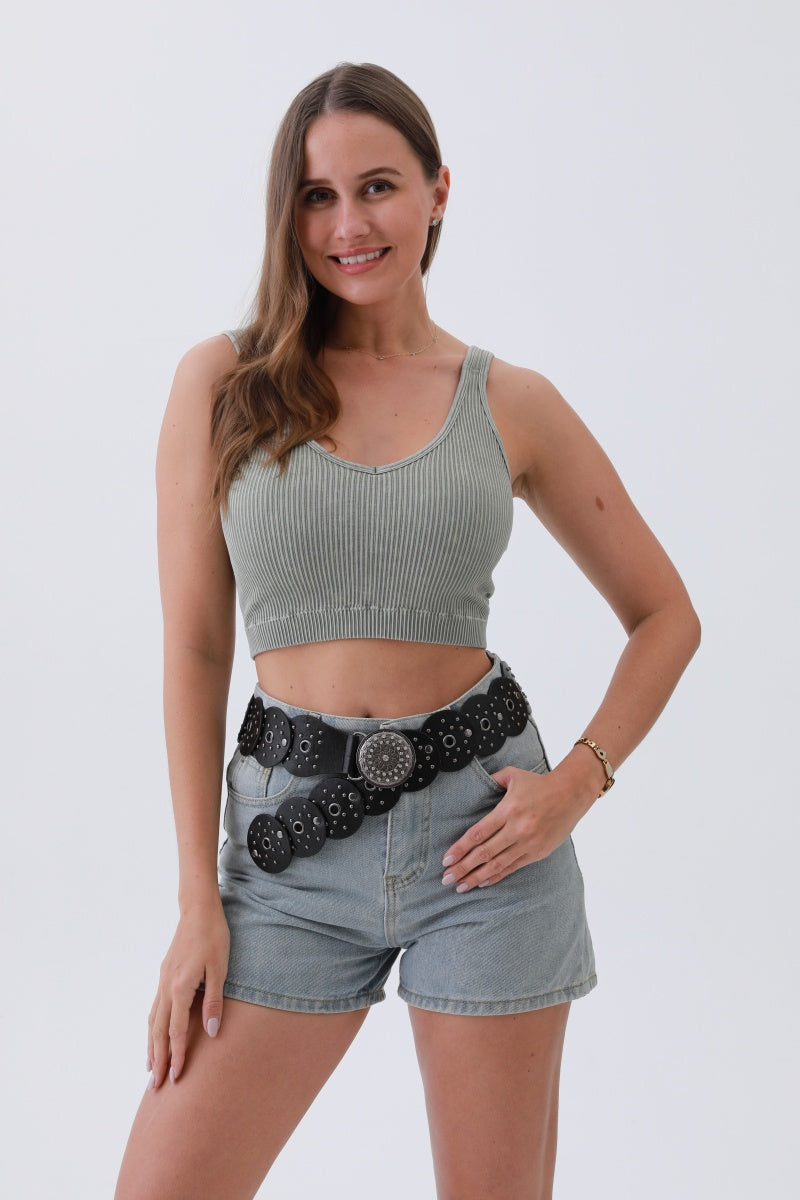 Edgy Hollow-Out Belt – Vintage Patchwork & Punk Studs⛓️✨ Leto Collection