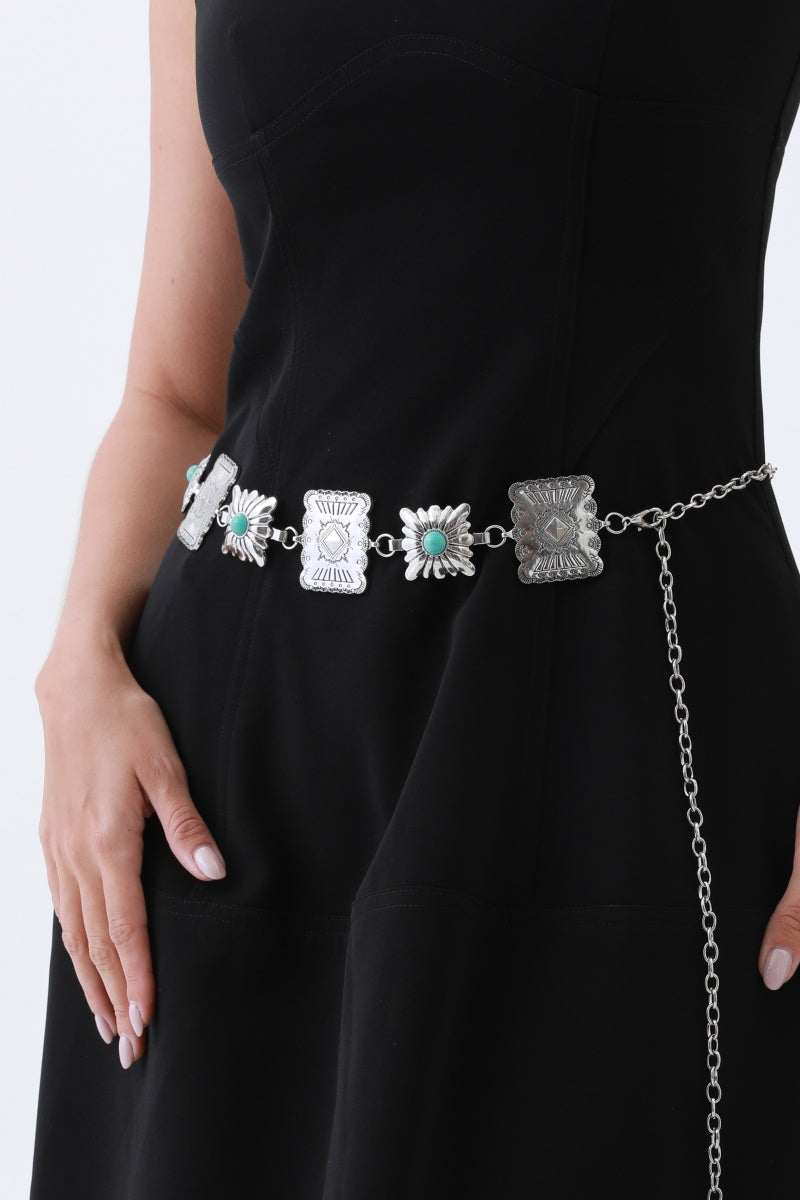 Turquoise Square Chain Belt – Vintage Western Geometric De💙 Leto Collection