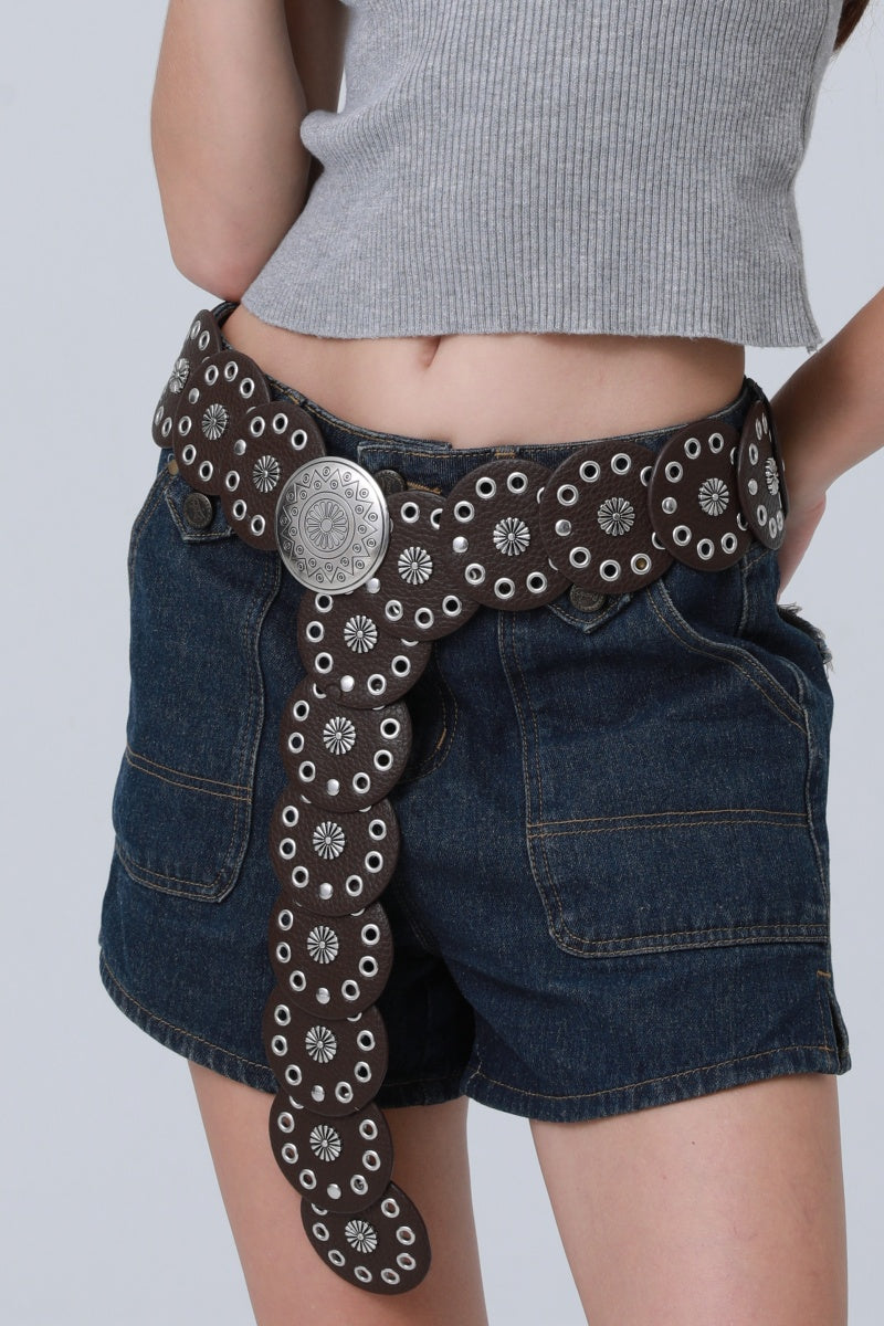 Boho Western Belt – Vintage Round Patch & Studded Detail 🌵✨ Leto Collection