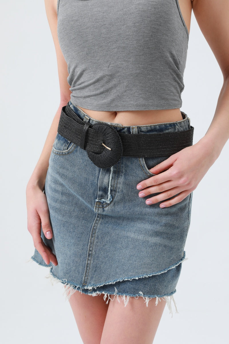 Artisan Raffia Elastic Belt with Crescent Moon Buckle Leto Collection