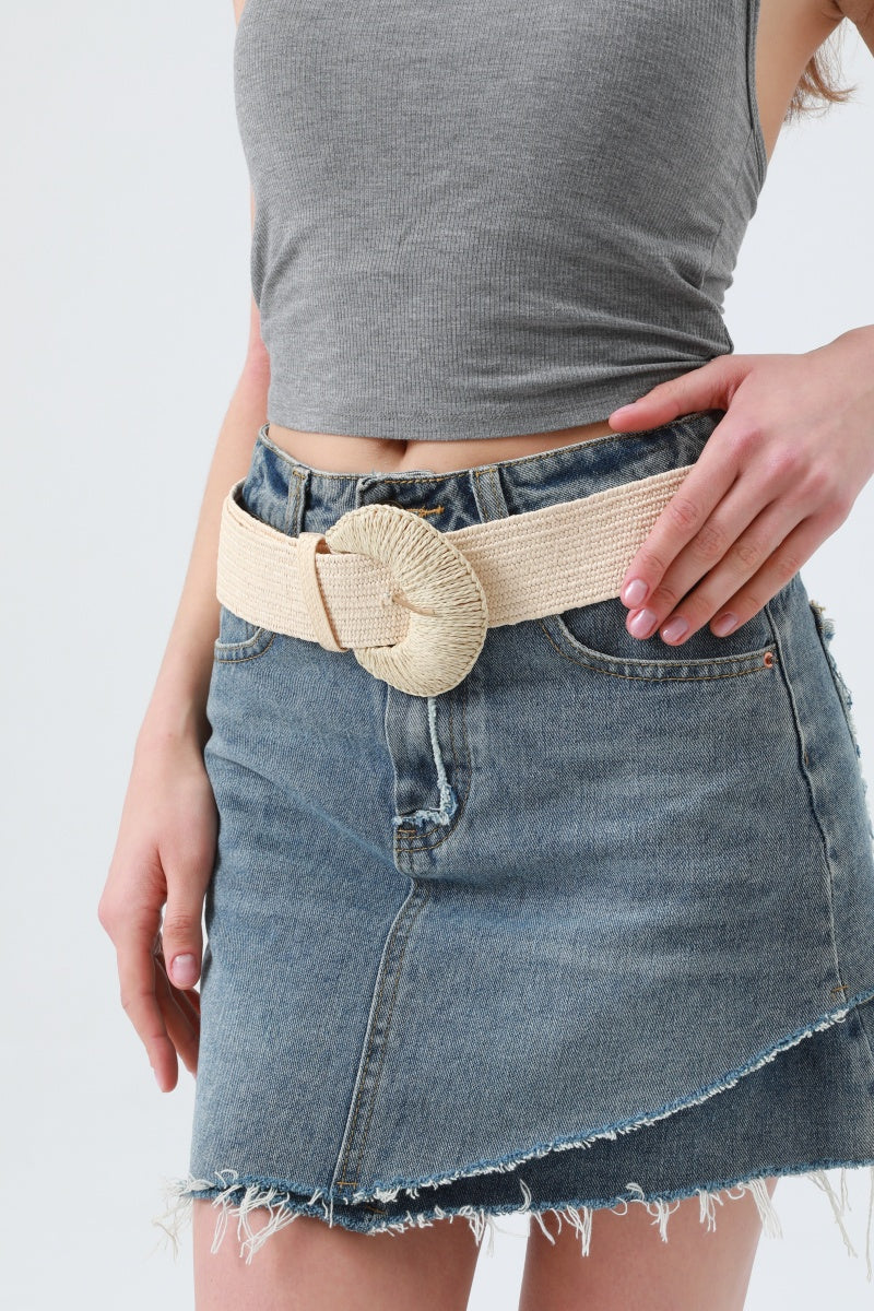 Artisan Raffia Elastic Belt with Crescent Moon Buckle Leto Collection
