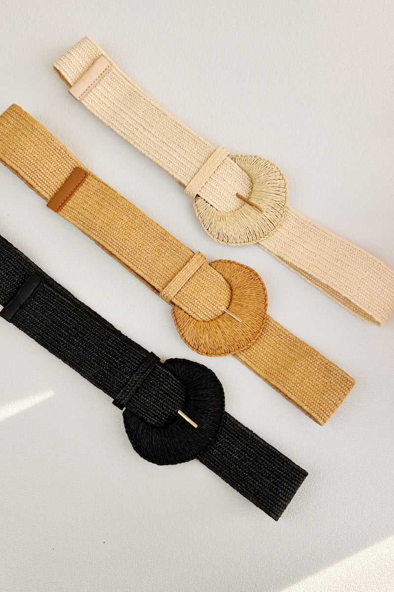 Artisan Raffia Elastic Belt with Crescent Moon Buckle Leto Collection