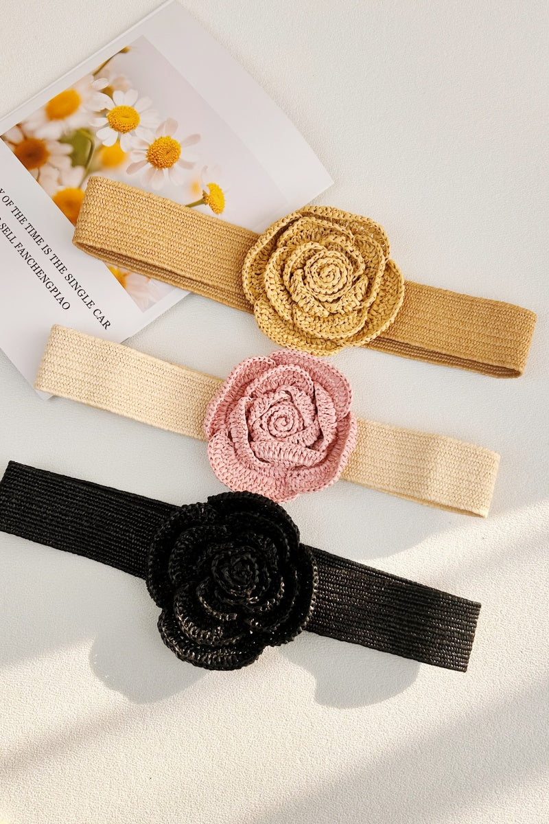 Raffia Elastic Belt with Floral Buckle Leto Collection