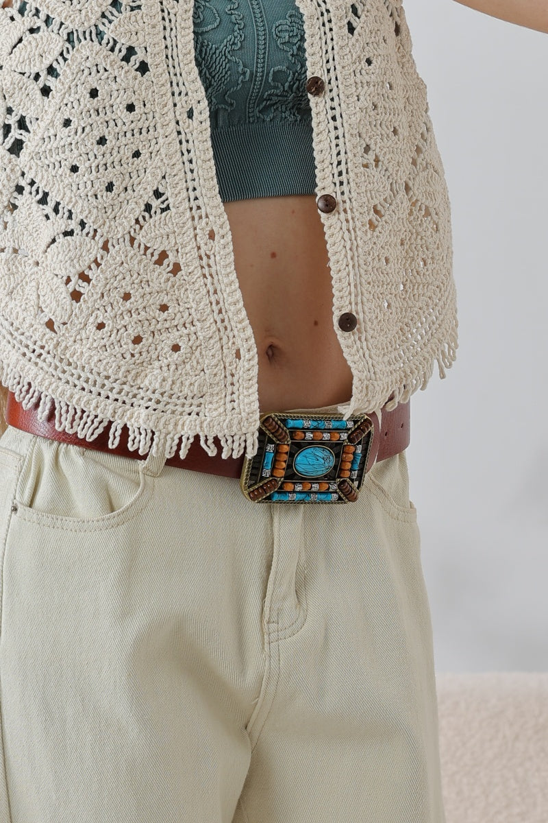 Turquoise Trail: Western Style Ethnic Embellished Leather Belt - leto-collection