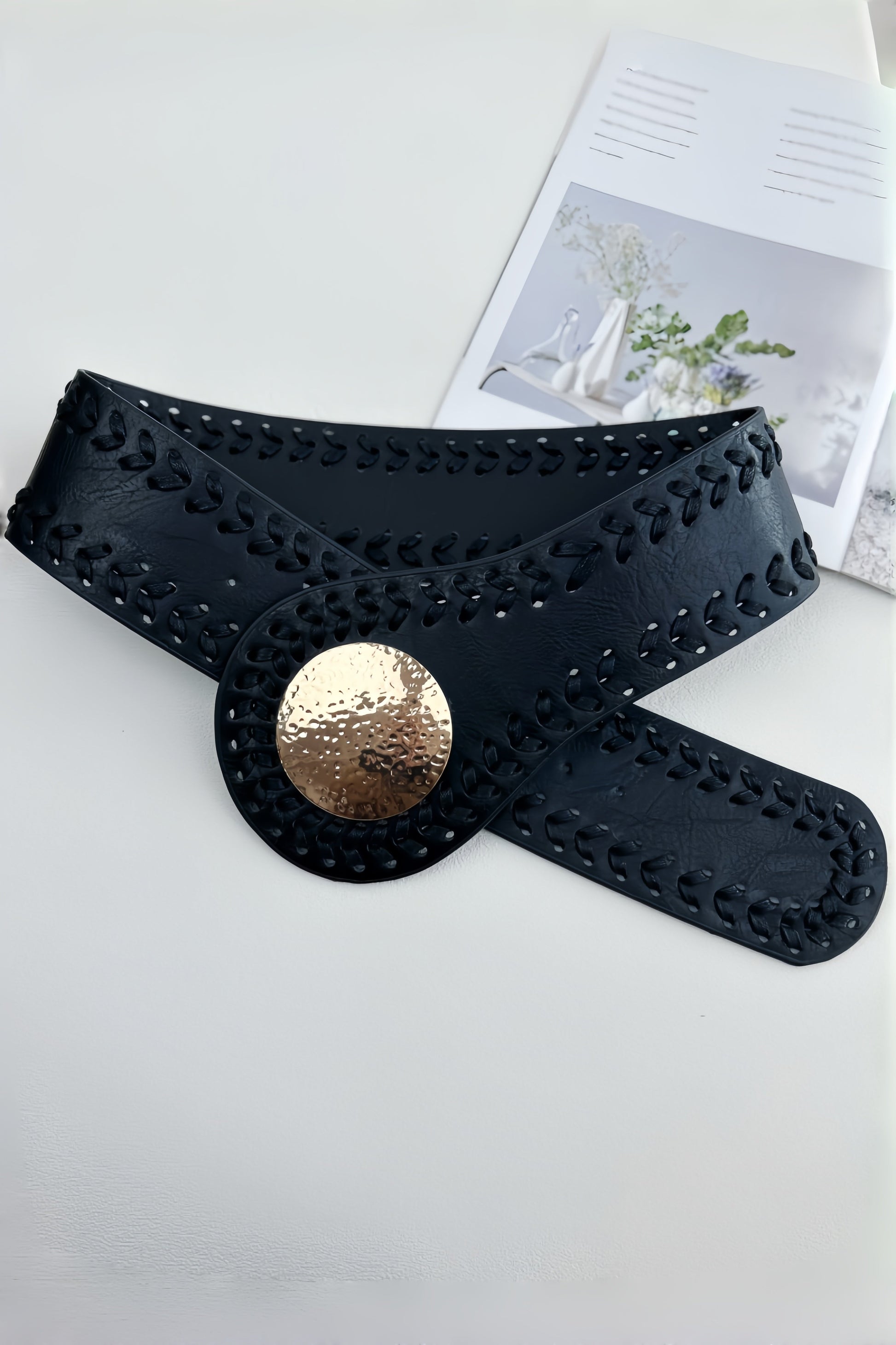 Artisan Soul: Boho Whipstitch Wide Leather Belt with Hammered Gold Buckle Leto Collection