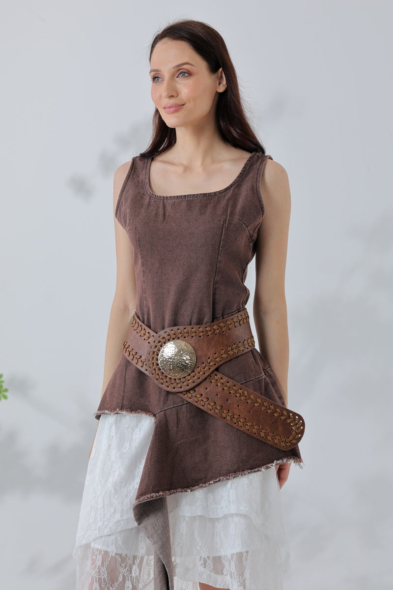 Artisan Soul: Boho Whipstitch Wide Leather Belt with Hammered Gold Buckle Leto Collection