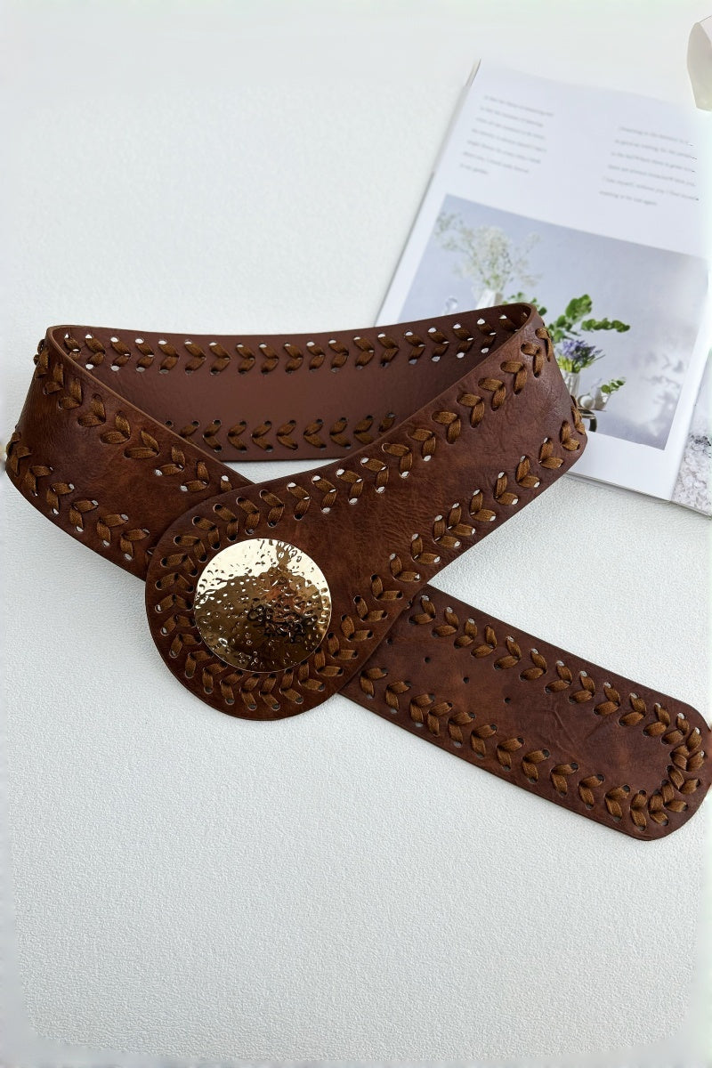 Artisan Soul: Boho Whipstitch Wide Leather Belt with Hammered Gold Buckle Leto Collection