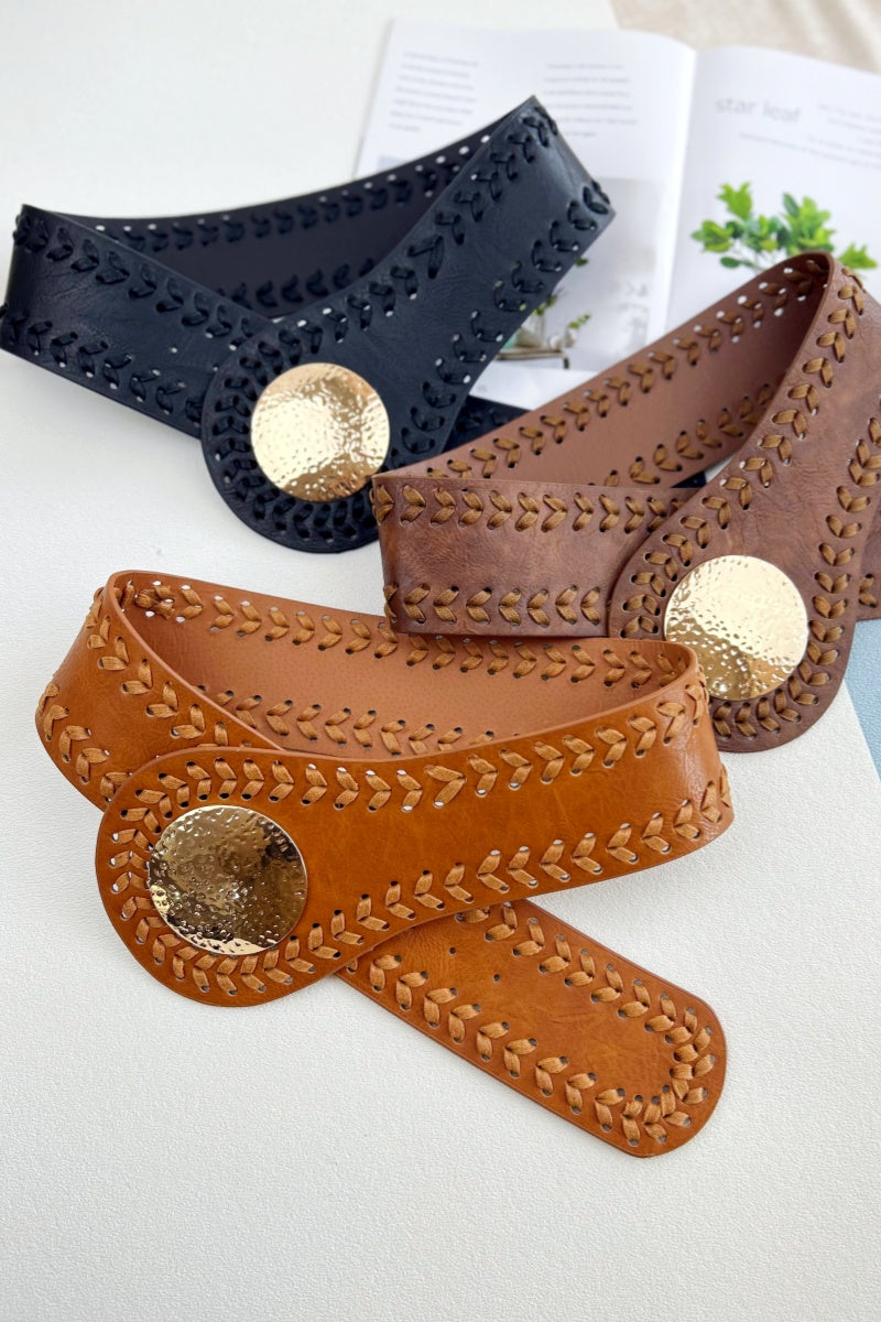 Artisan Soul: Boho Whipstitch Wide Leather Belt with Hammered Gold Buckle Leto Collection