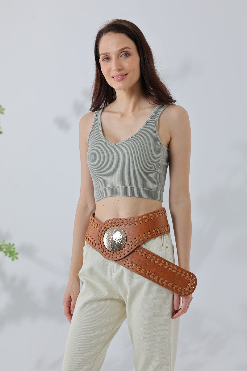 Artisan Soul: Boho Whipstitch Wide Leather Belt with Hammered Gold Buckle Leto Collection