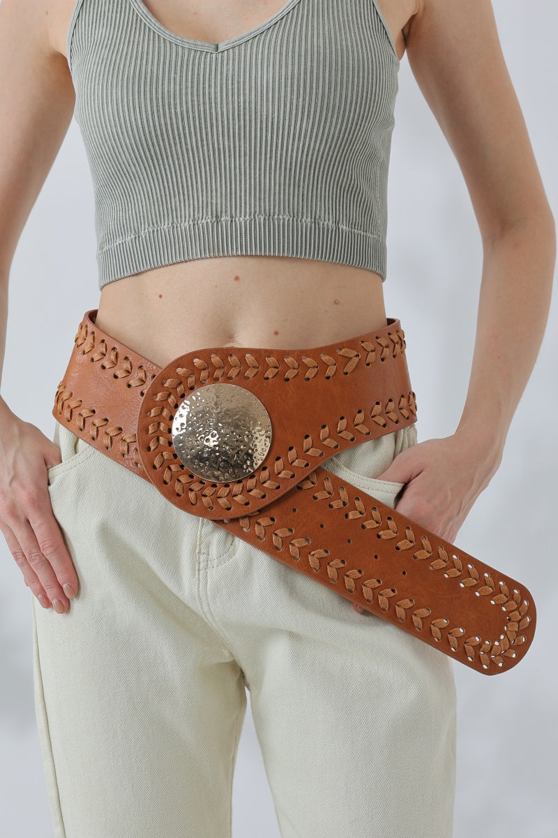 Artisan Soul: Boho Whipstitch Wide Leather Belt with Hammered Gold Buckle Leto Collection