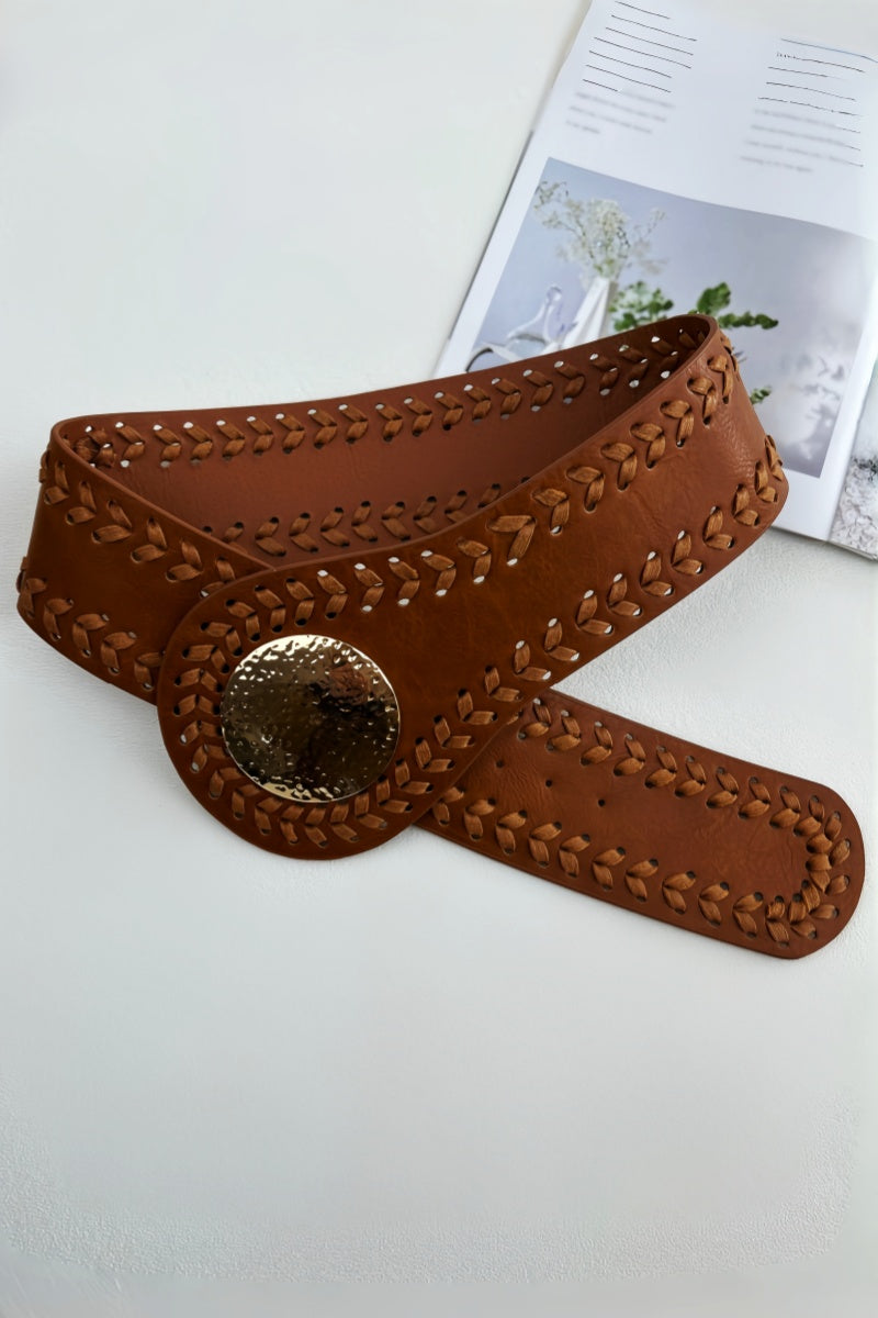 Artisan Soul: Boho Whipstitch Wide Leather Belt with Hammered Gold Buckle Leto Collection