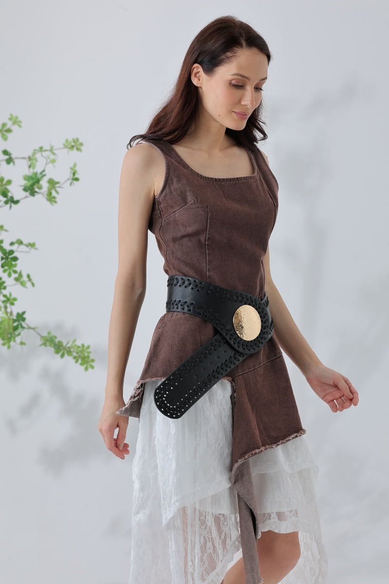 Artisan Soul: Boho Whipstitch Wide Leather Belt with Hammered Gold Buckle Leto Collection