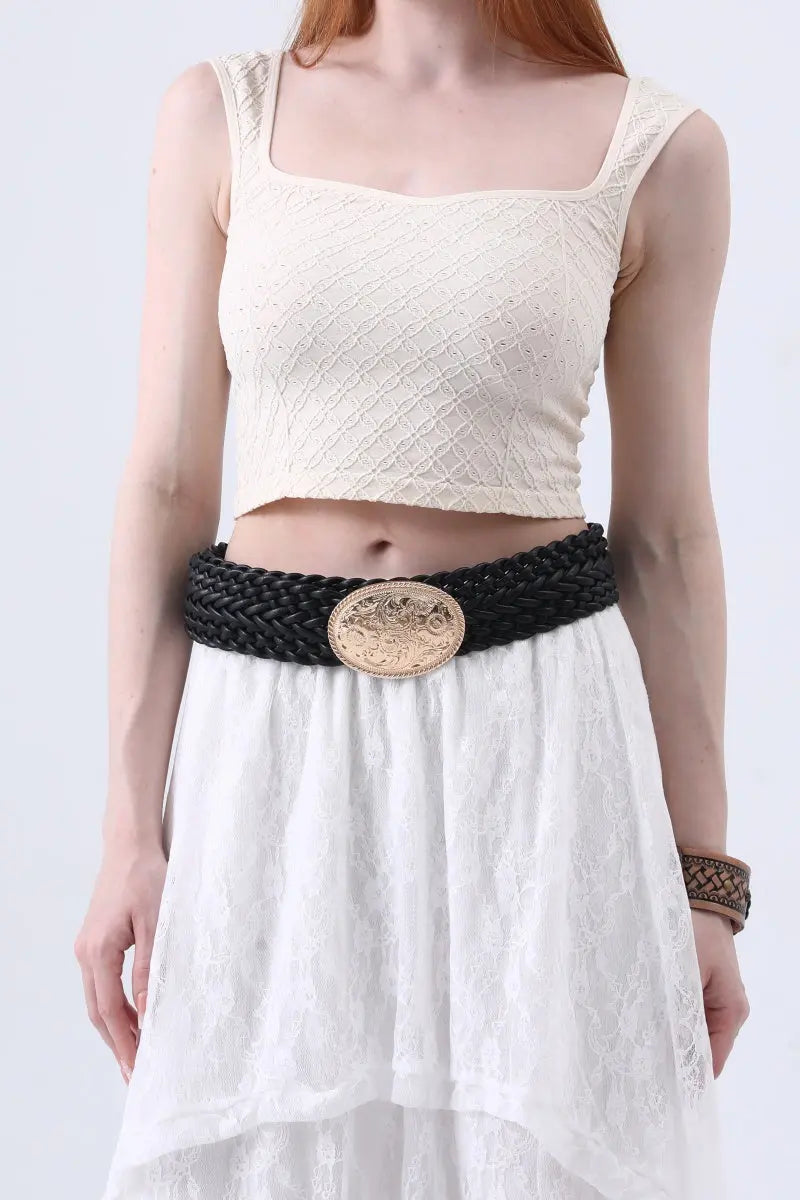 Golden Nomad: Bohemian Woven Wide Belt with Gold Engraved Medallion Leto Collection