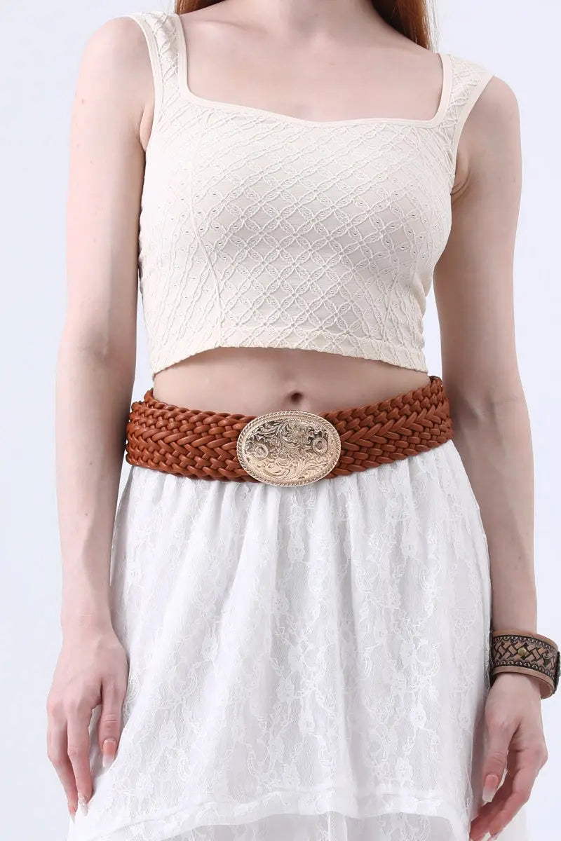 Golden Nomad: Bohemian Woven Wide Belt with Gold Engraved Medallion Leto Collection