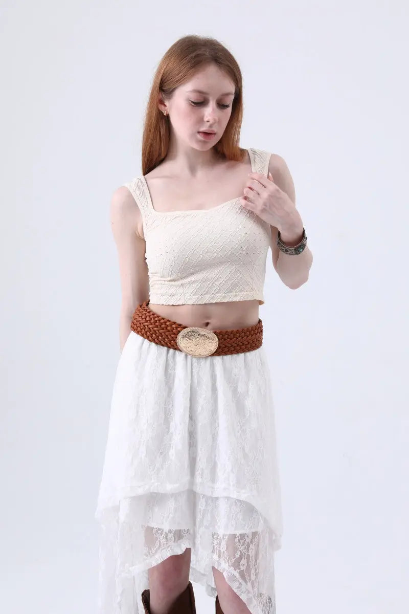 Golden Nomad: Bohemian Woven Wide Belt with Gold Engraved Medallion Leto Collection