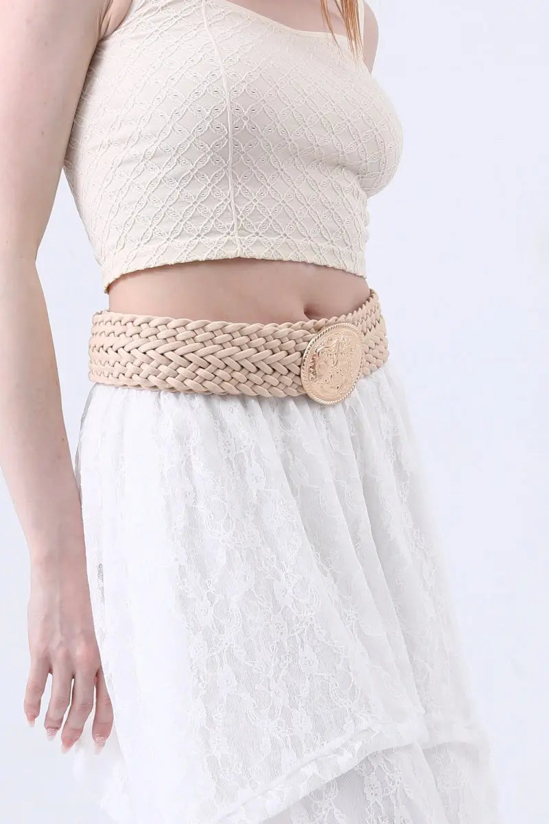 Golden Nomad: Bohemian Woven Wide Belt with Gold Engraved Medallion Leto Collection