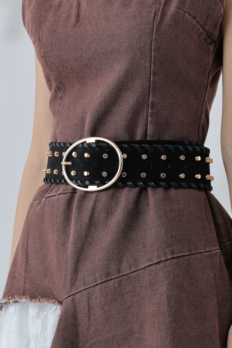 Desert Gold: Gold Studded Faux Suede Wide Belt Leto Collection