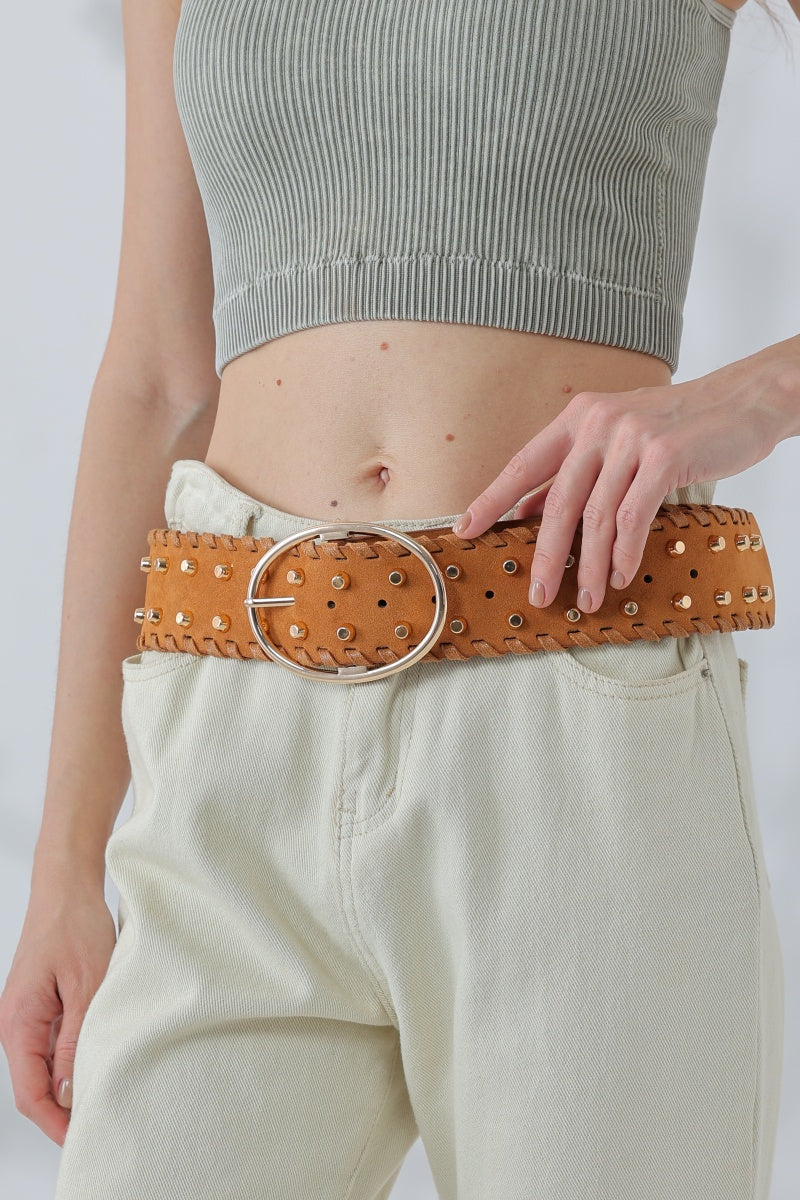 Desert Gold: Gold Studded Faux Suede Wide Belt Leto Collection