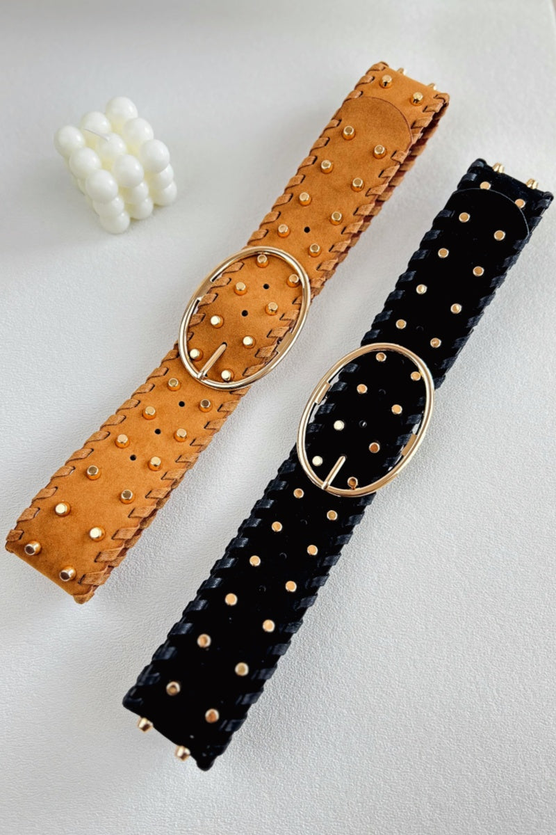 Desert Gold: Gold Studded Faux Suede Wide Belt Leto Collection