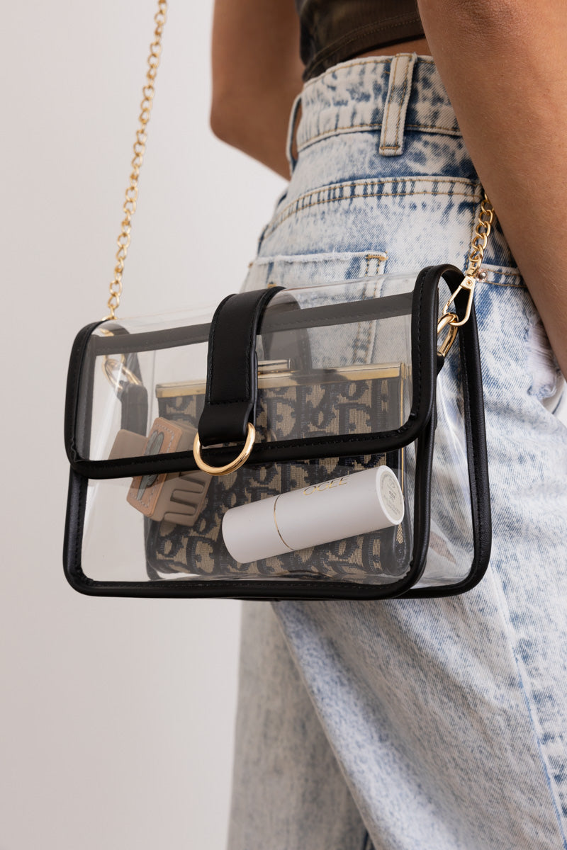Glam Clear Stadium Bag with Gold Chain Strap Leto Collection