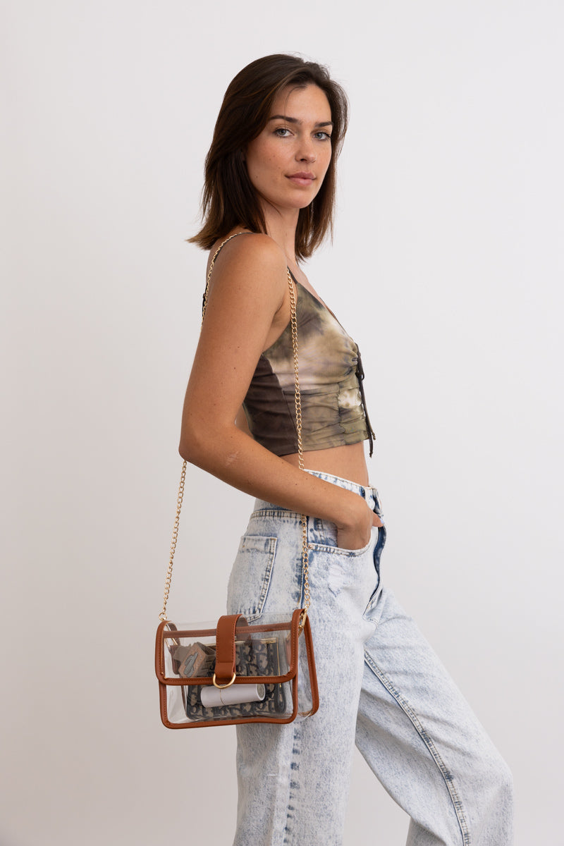 Glam Clear Stadium Bag with Gold Chain Strap Leto Collection