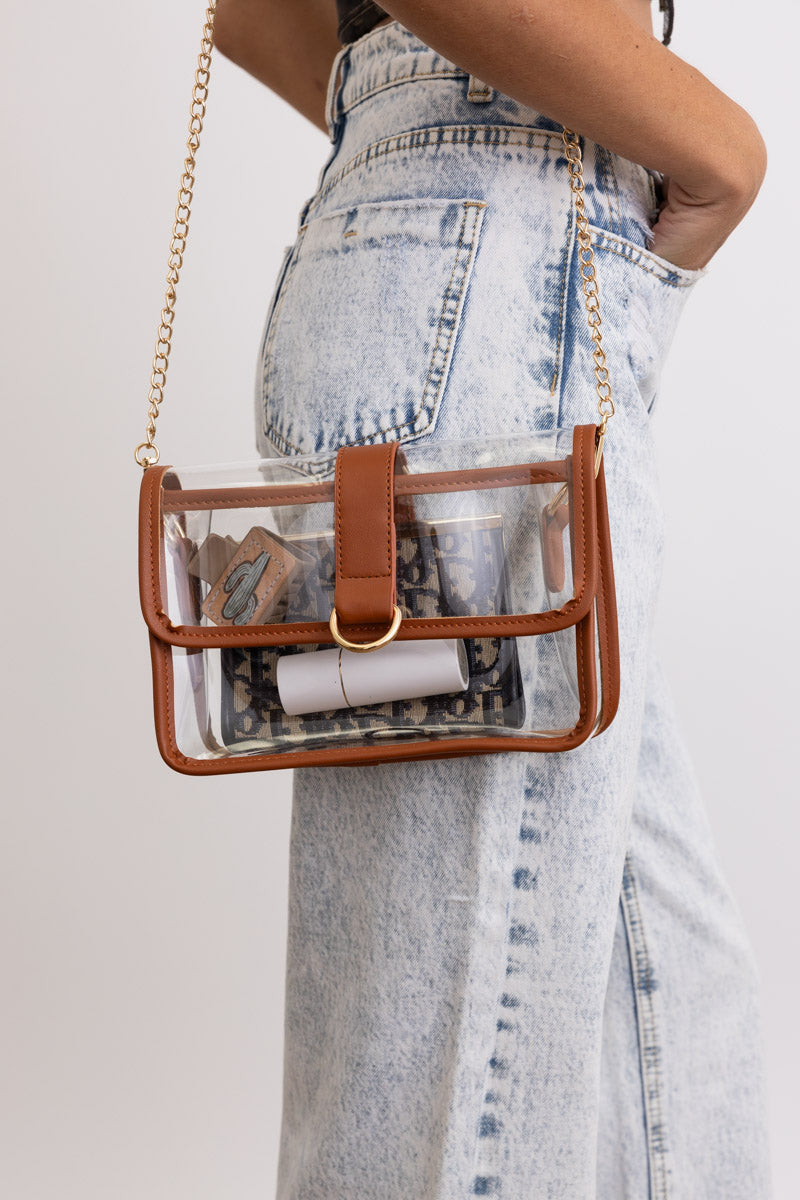 Glam Clear Stadium Bag with Gold Chain Strap Leto Collection