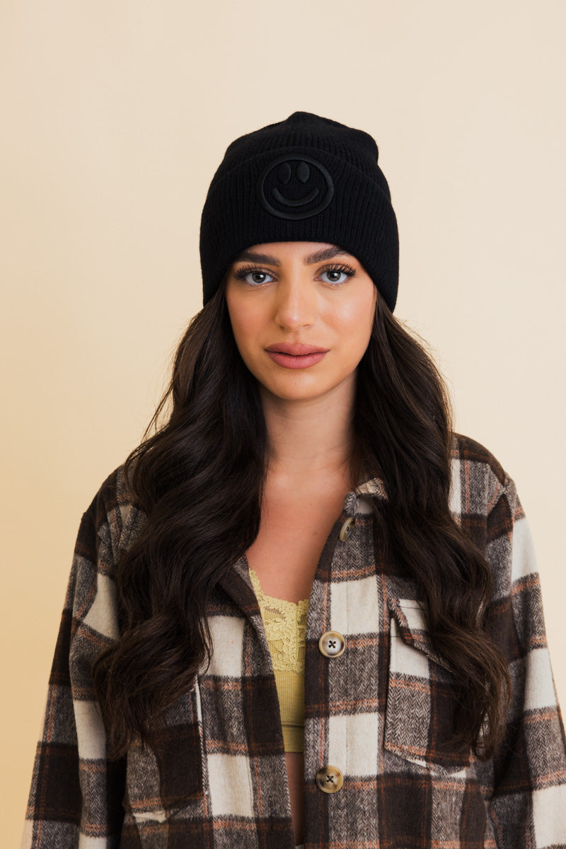 Embroidered Smiley Face Ribbed Knit Beanie Leto Collection