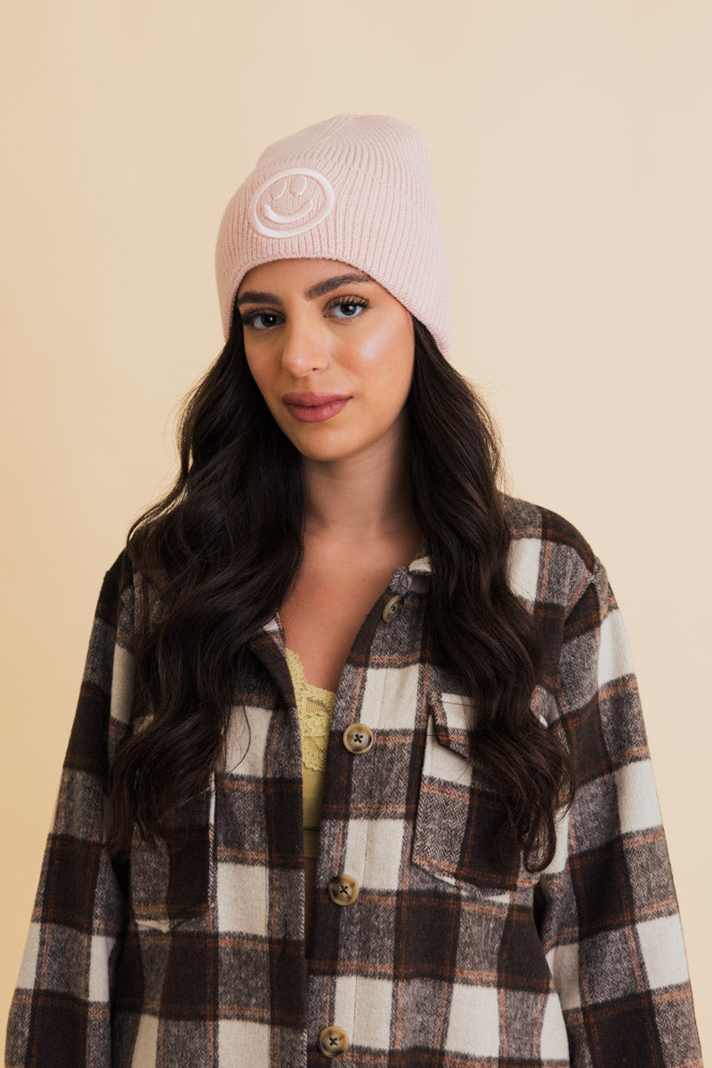 Embroidered Smiley Face Ribbed Knit Beanie Leto Collection