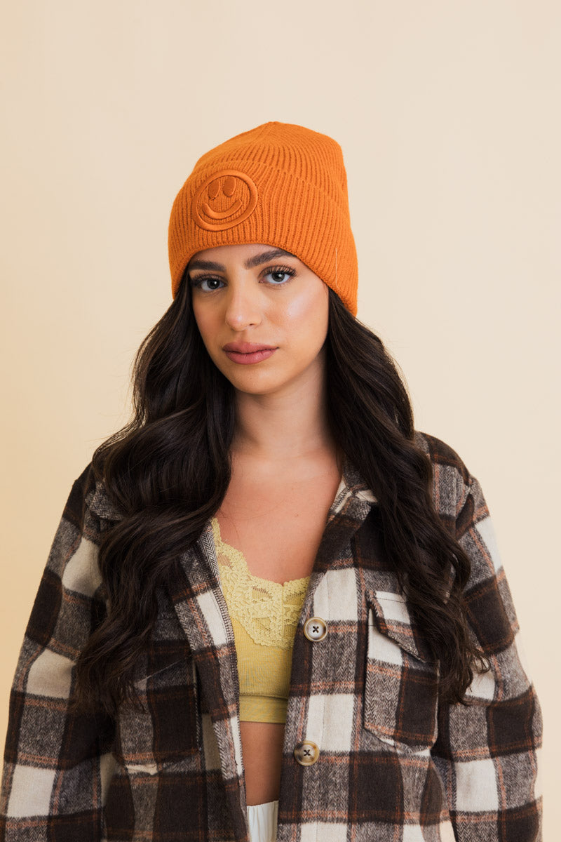 Embroidered Smiley Face Ribbed Knit Beanie Leto Collection